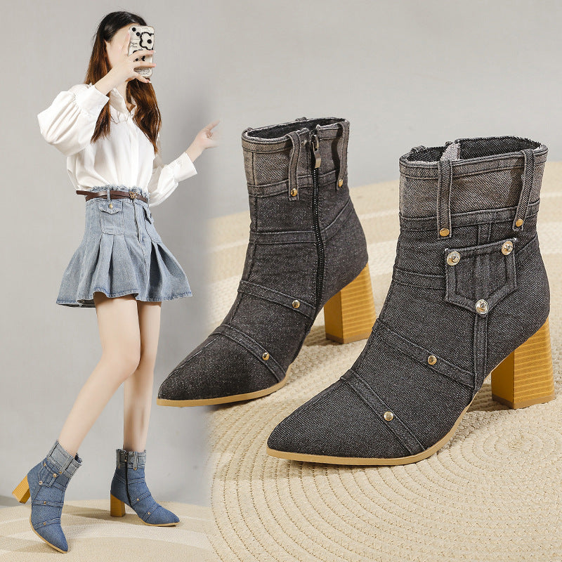 Denim Pointed Toe Chunky Heel Martin Boots Women