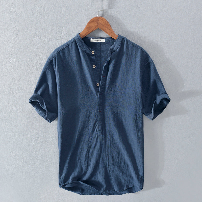 Men's Stand Collar Ice Silk Linen Short Sleeve T-shirt