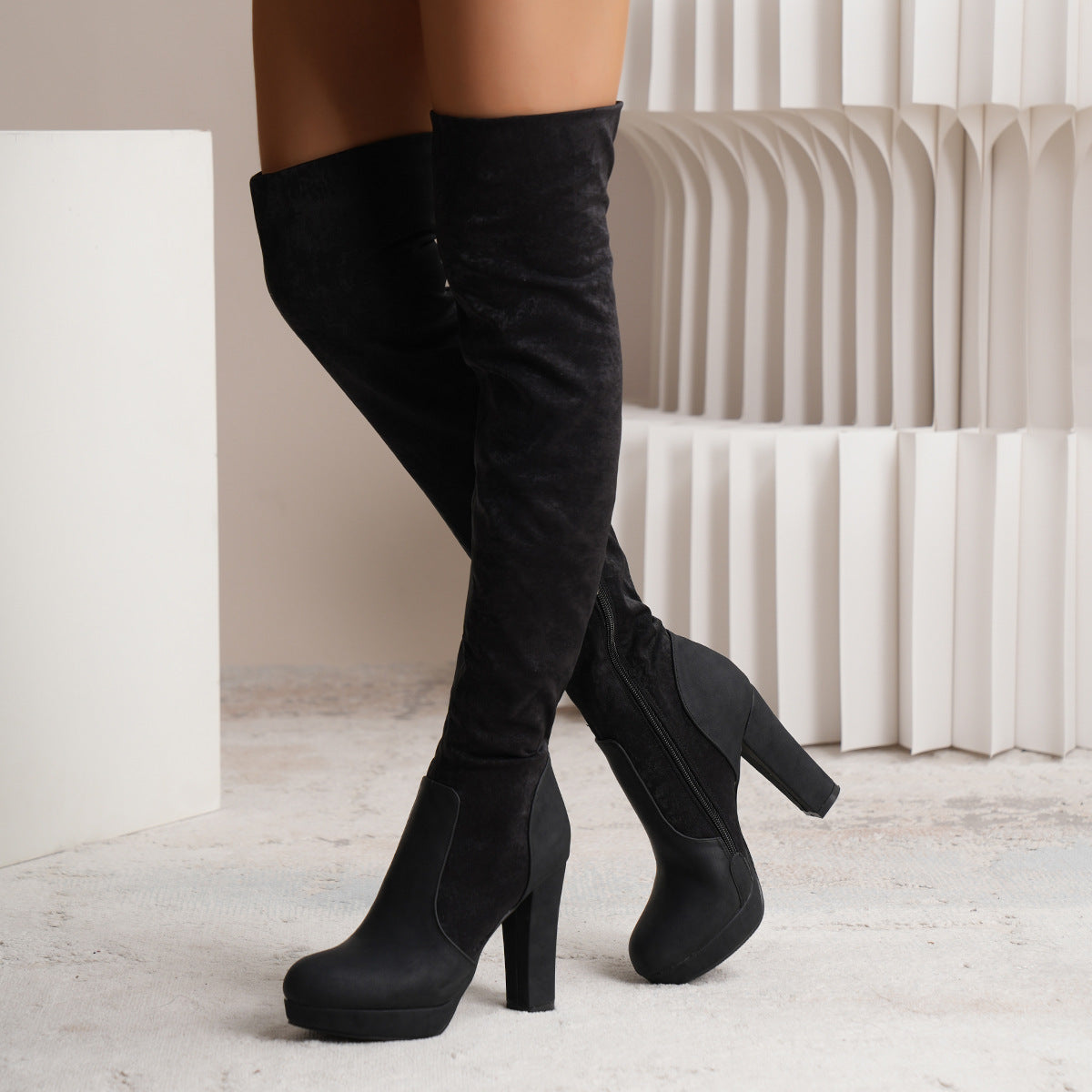 Women Elastic Suede High Square Heel Over-the-knee Boots