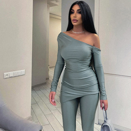 Solid Color One-shoulder Long Sleeve Tight Top Casual Trousers Suit