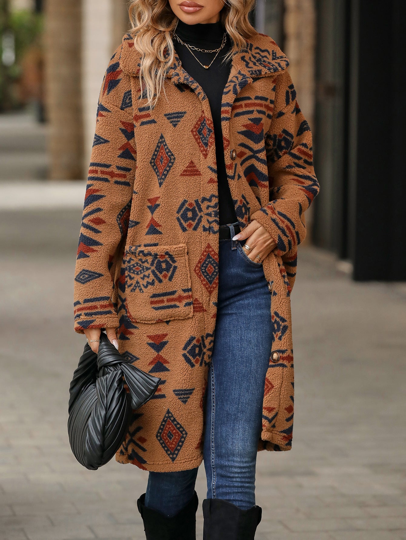 Single-breasted Ethnic Print Plush Long Overcoat