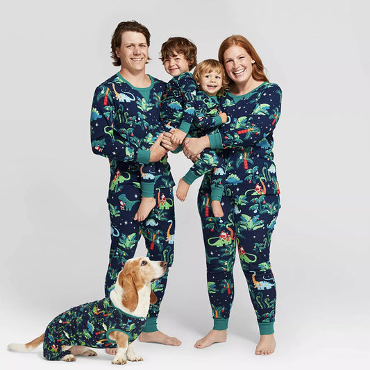 Dinosaur Christmas Dress Print Family Baby Boys And Girls With Dog Parent Child Pajamas