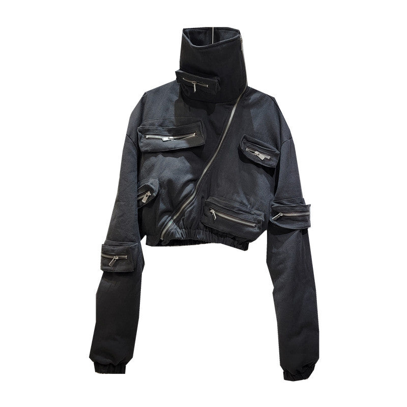 Oblique Zipper Multi-pocket Thickened Keep Warm High Waist Cotton Coat Jacket