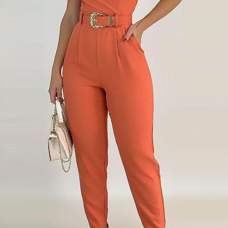 Women's Fashion Hundred V-Neck Tie Slimming Jumpsuit