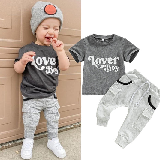 Baby Boy Short Sleeve Monogram Print T-shirt Gray Clothing Set