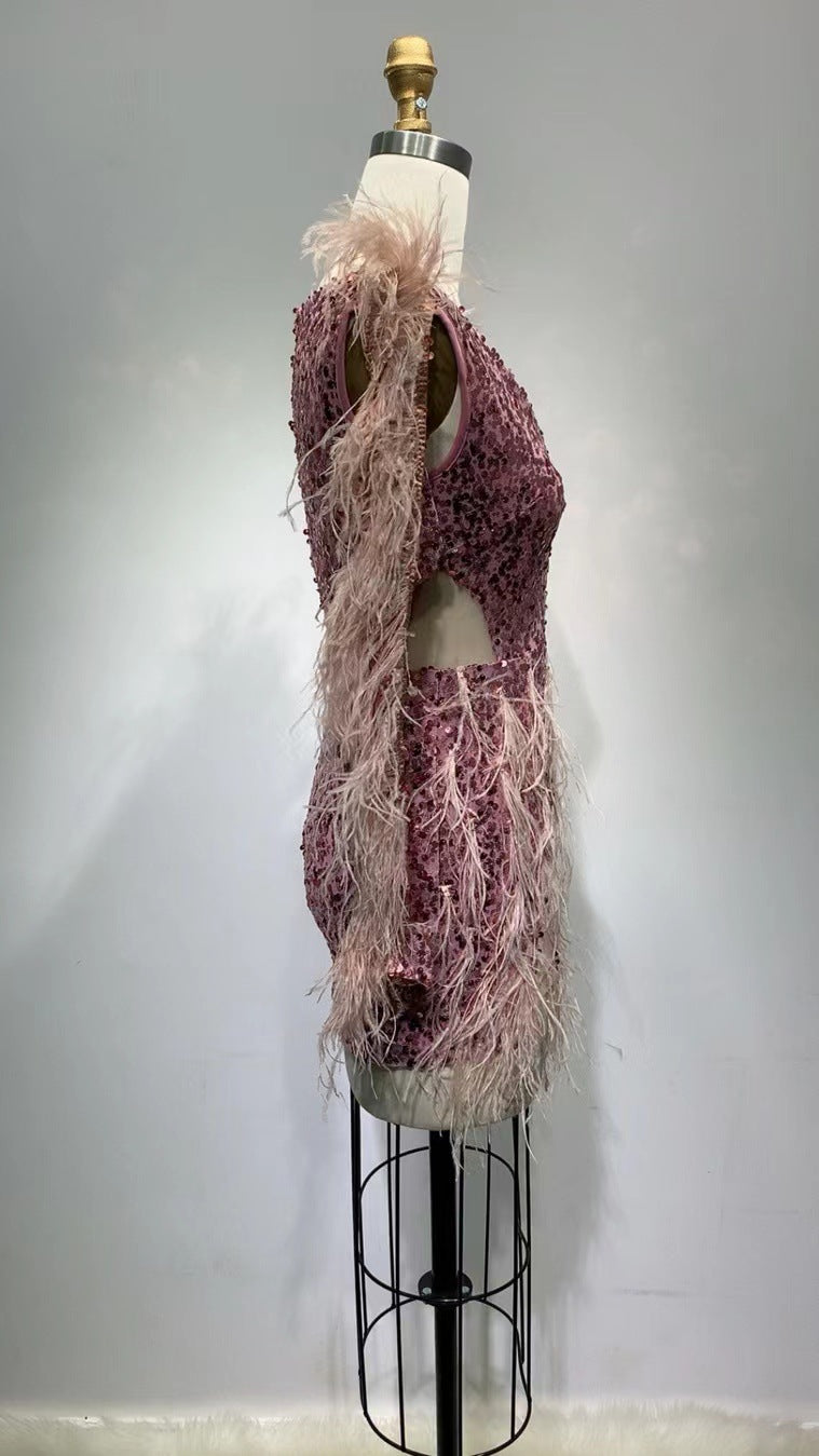 Slimming Long Sleeves Sequined Low-cut Tight-fitting High-end Feather Dress