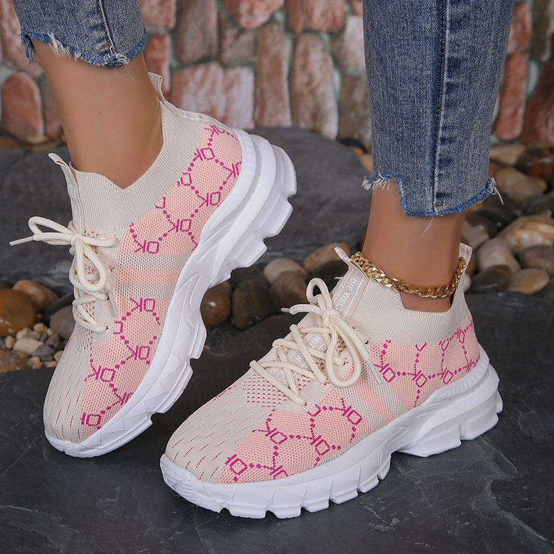 Womens Breathable Mesh Lace Up Flat Lightweight Running Shoes