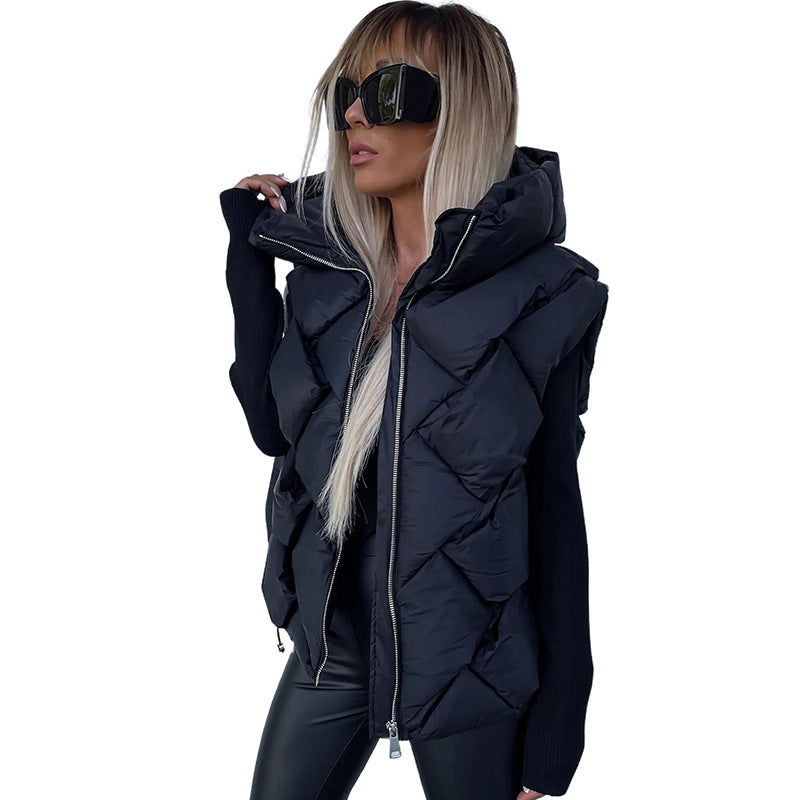 Solid Color Warm Hooded Vest Zipper Coat