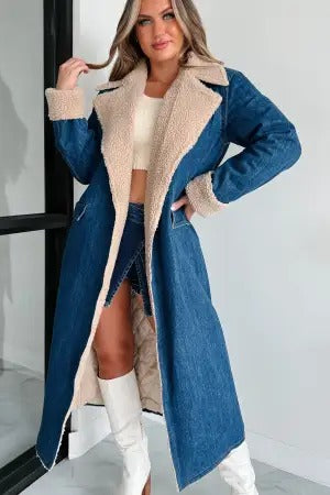 Lace-up Double Pocket Denim Trench Coat