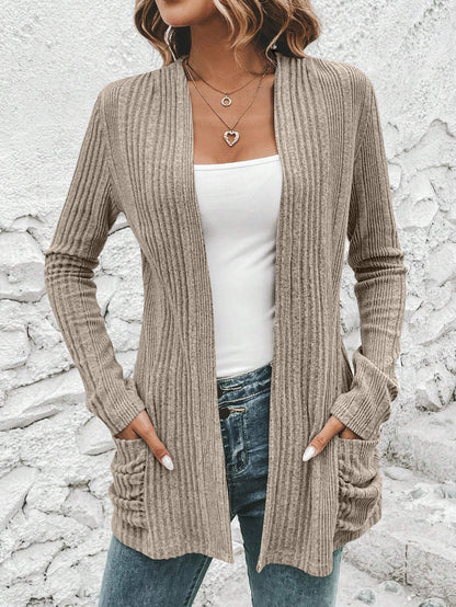 Long Sleeve Solid Color Mid-length Women Knitted Cardigan Sweater