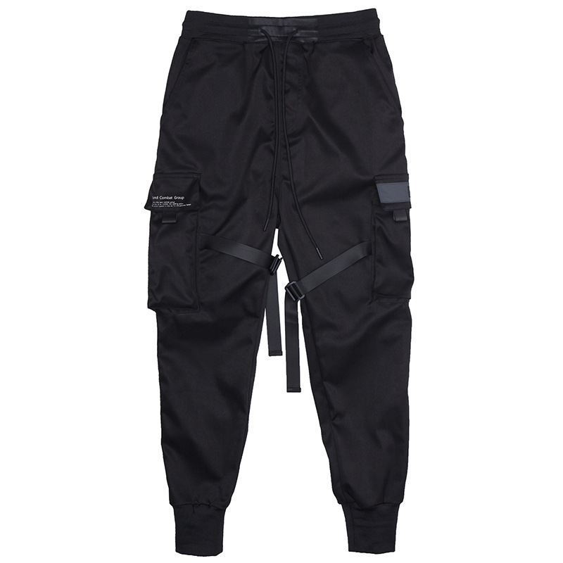 Men Black Cargo Elastic Waist Jogger Trousers Pants