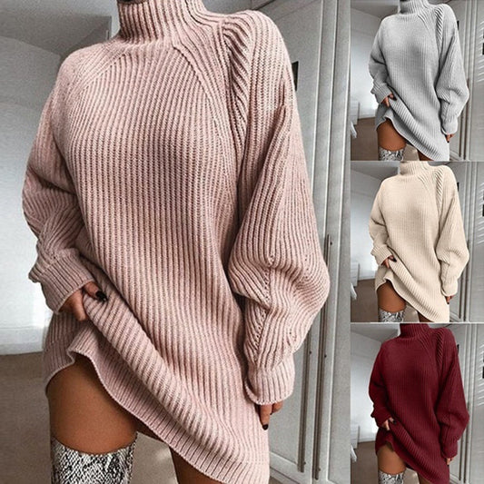 Solid Turtleneck Long Winter Sweater Dress