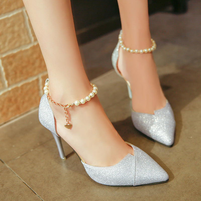 2021 Pearl bead High Heels pumps  Woman golden silver point shoes