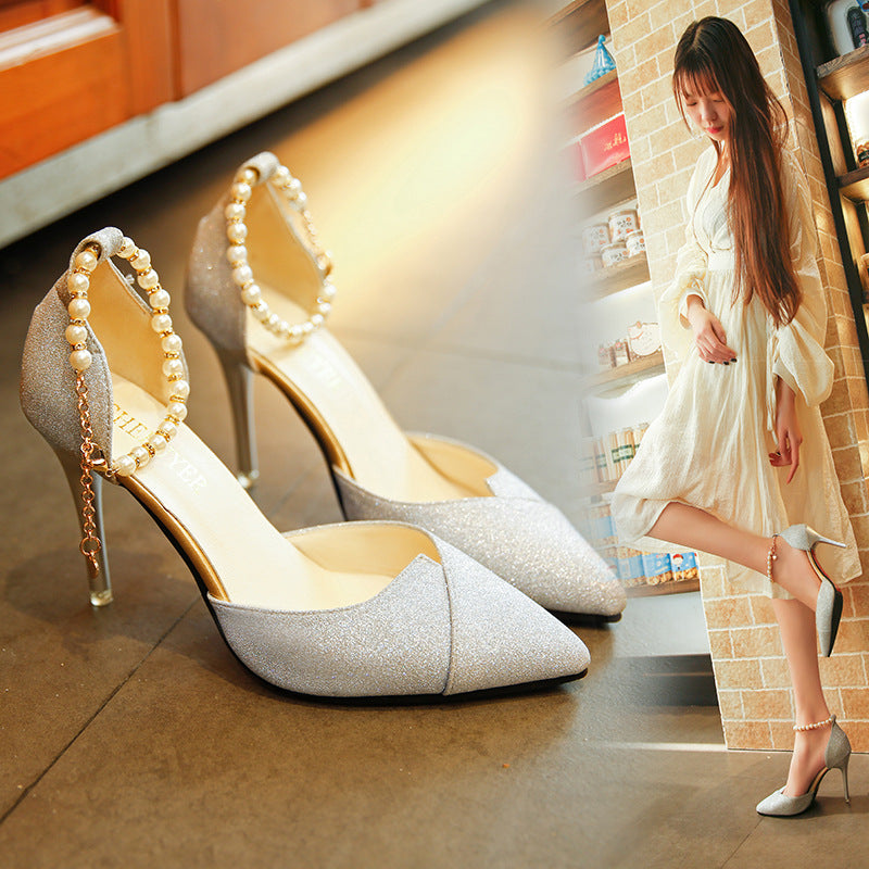 2021 Pearl bead High Heels pumps  Woman golden silver point shoes