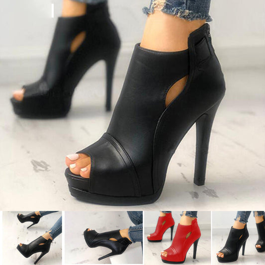 Women Hollow Square Heel Shoes Breathable Boots
