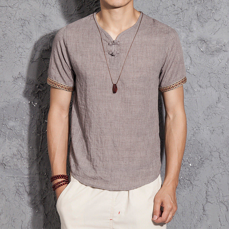 Chinese style embroidery buckle short sleeve men's cotton and linen T-shirt