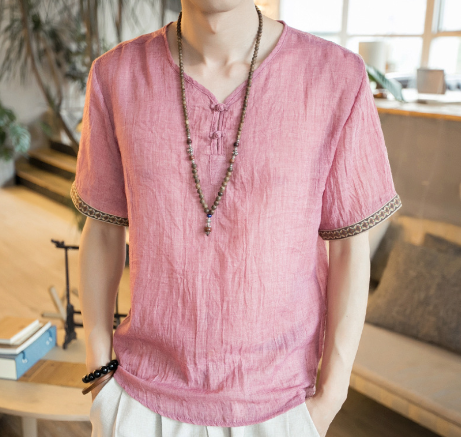 Chinese style embroidery buckle short sleeve men's cotton and linen T-shirt