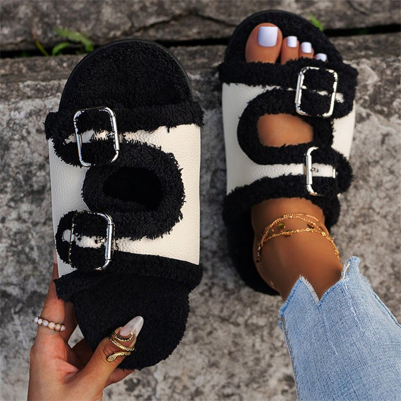 Women Thick Sole Buckle Lamb wool Slippers