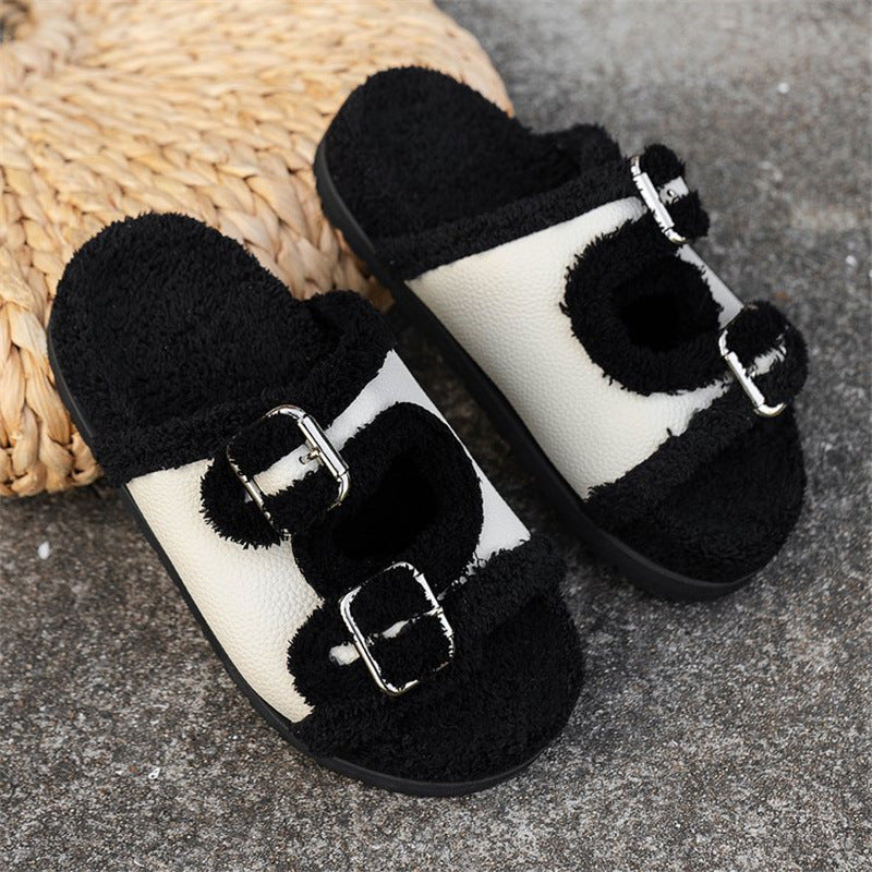 Women Thick Sole Buckle Lamb wool Slippers