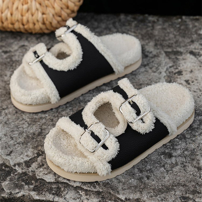 Women Thick Sole Buckle Lamb wool Slippers