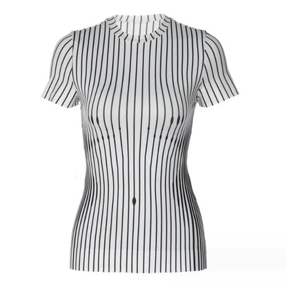 Striped Waist-tight Round Neck Short Sleeve And Long Pattern T-shirt