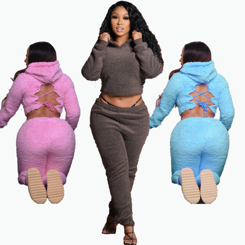 Plus Size Women's Backless Hooded Top Cashmere Suit