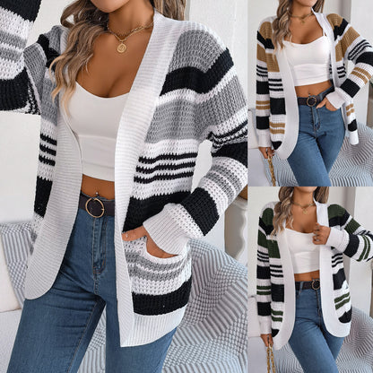 Contrast Color Striped Pocket Long Sleeve Sweater Cardigan