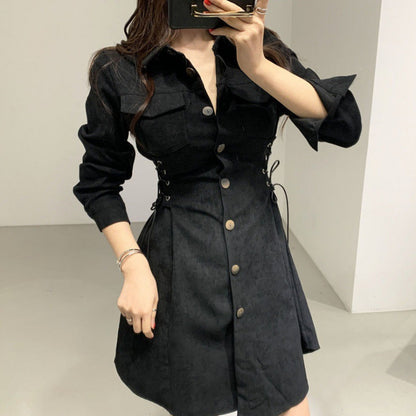 Retro Lace-up Waist-controlled Single-breasted Shirt Waist-controlled Lace-up Dress