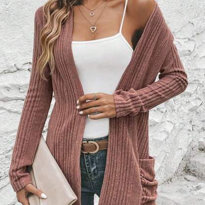 Long Sleeve Solid Color Mid-length Women Knitted Cardigan Sweater