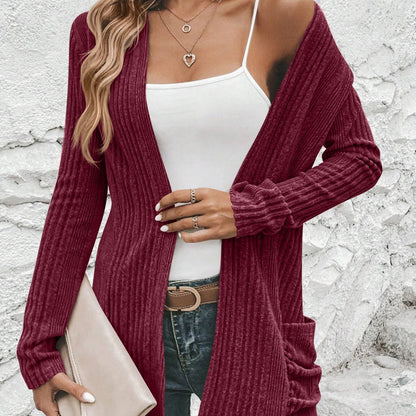 Long Sleeve Solid Color Mid-length Women Knitted Cardigan Sweater