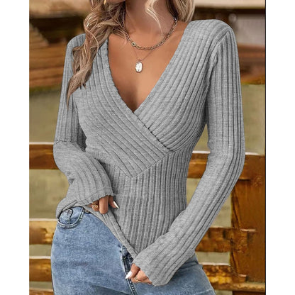 Intellectual Style Pullover V-neck Slim-fit Long-sleeved Sweater