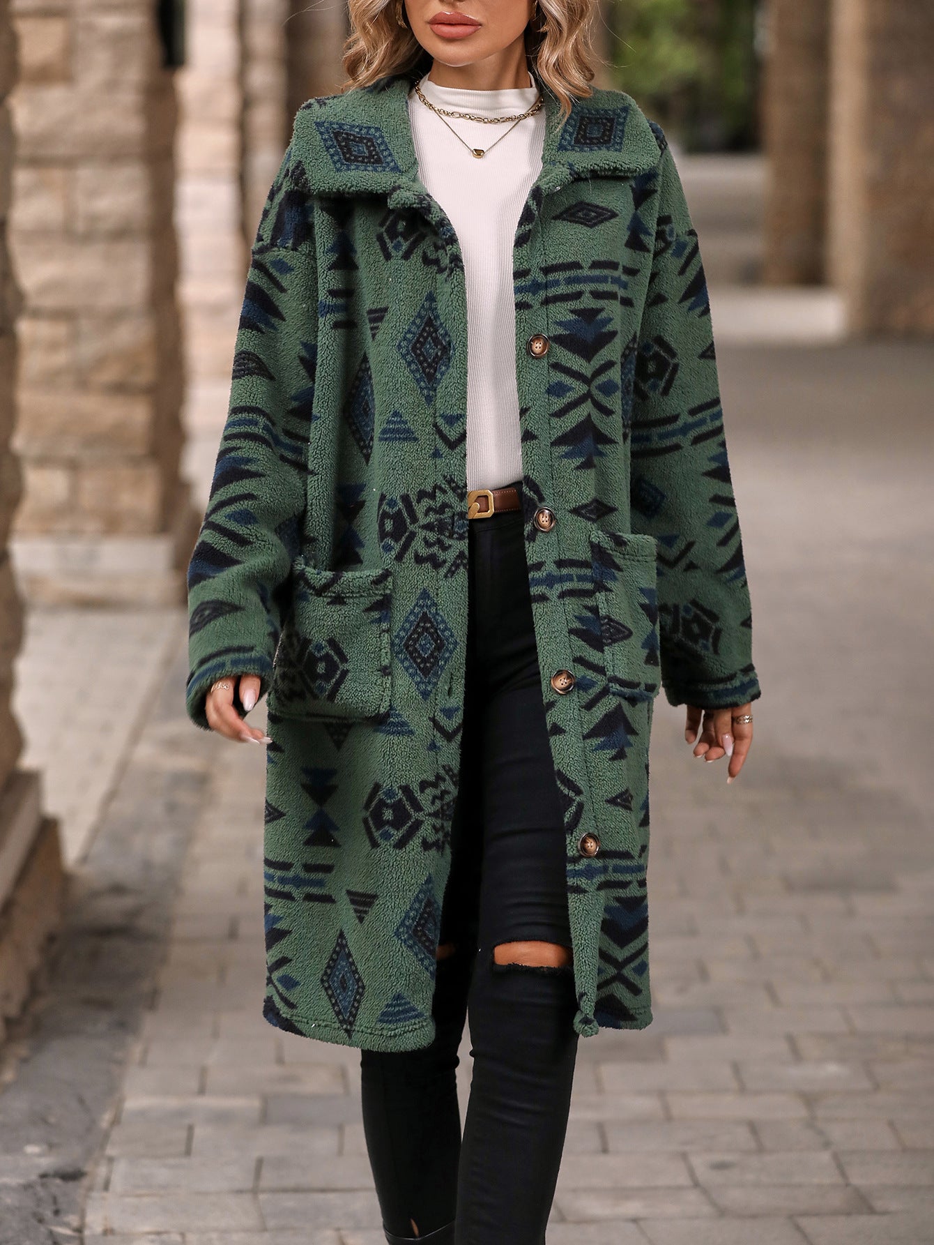 Single-breasted Ethnic Print Plush Long Overcoat