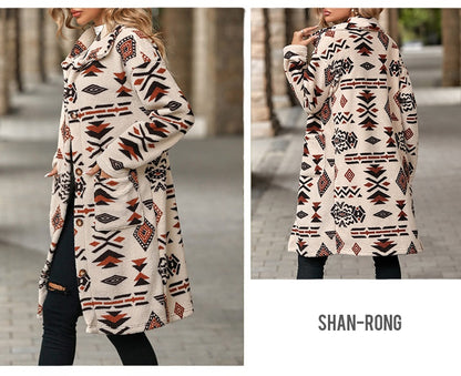 Single-breasted Ethnic Print Plush Long Overcoat