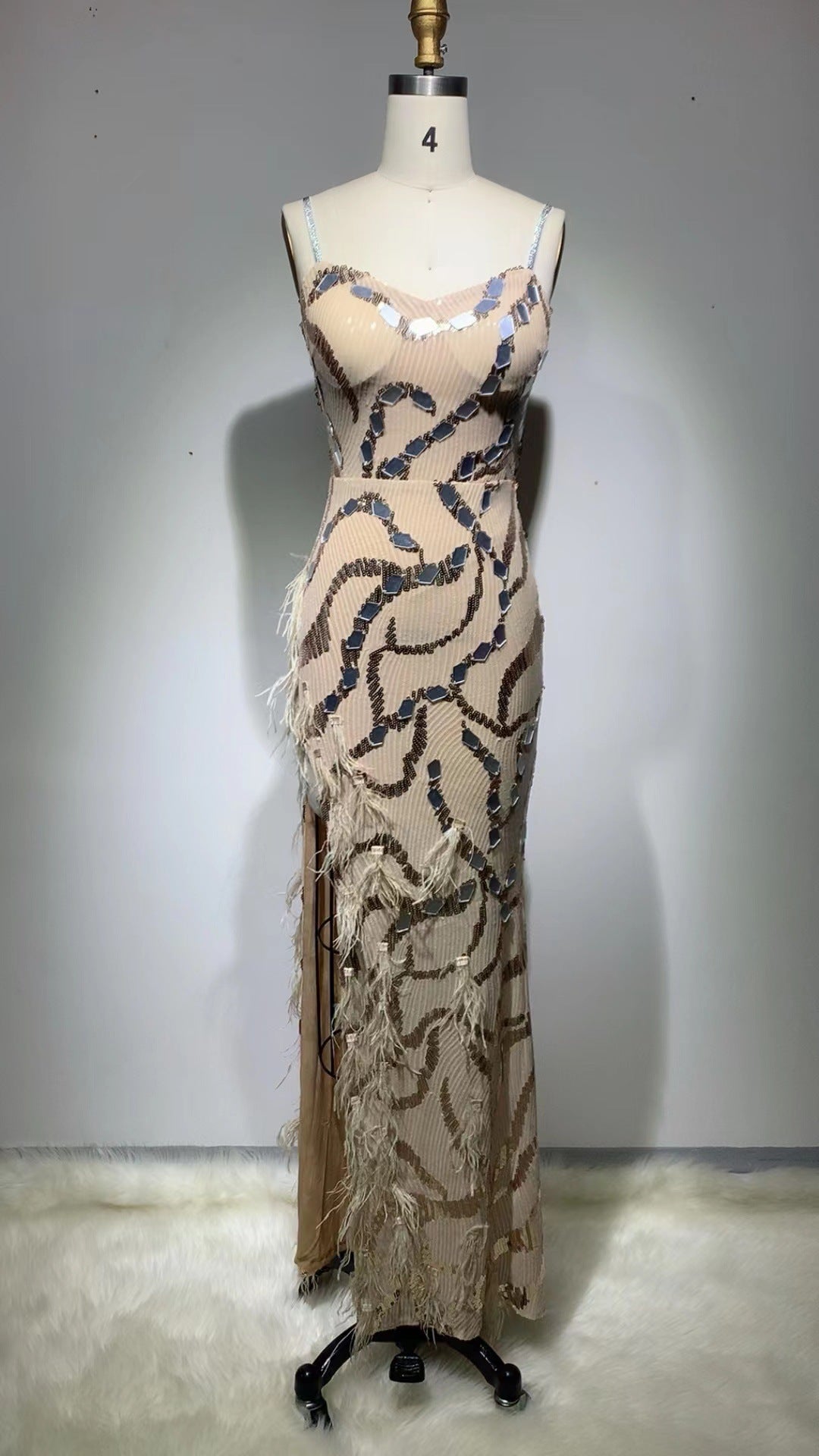 Backless Elegant Sequined Tight Split Feather Dress
