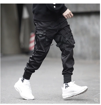 Men Black Cargo Elastic Waist Jogger Trousers Pants