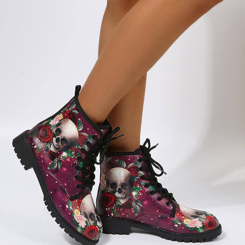 Shoes Rose Flower Print Lace-up Ankle Boots Women