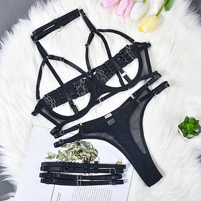 Sexy Lingerie Complex Interwoven Push Up Heavy Industry Four-piece Leg Ring