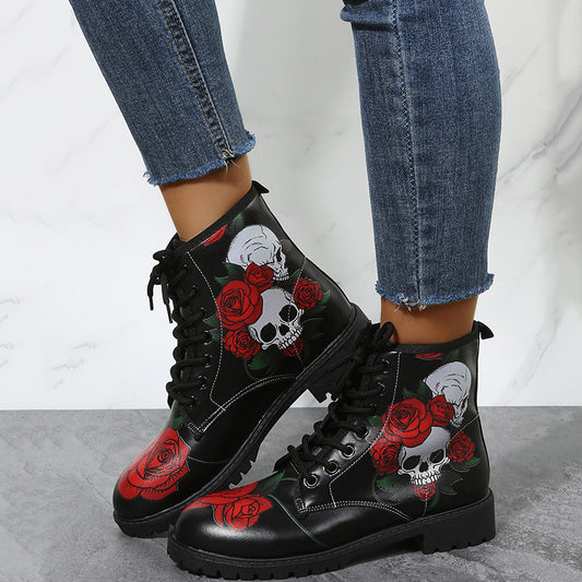 Shoes Rose Flower Print Lace-up Ankle Boots Women