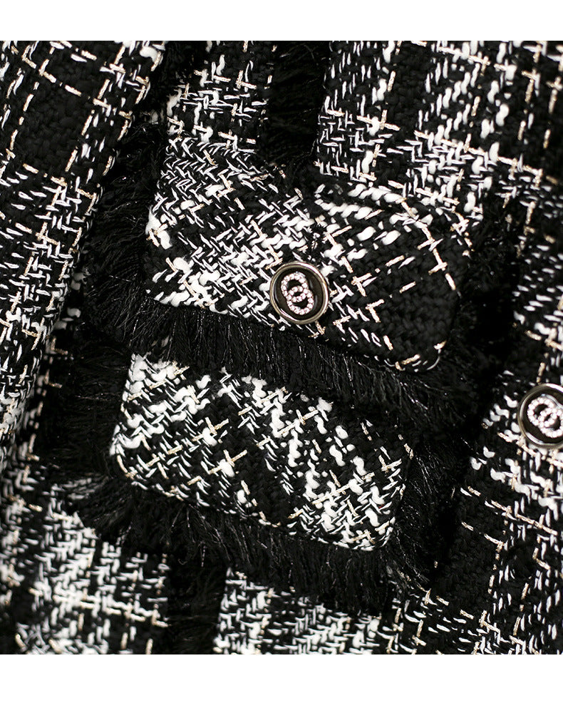 Plaid Mid-length Fleece-lined Black Wool Coat
