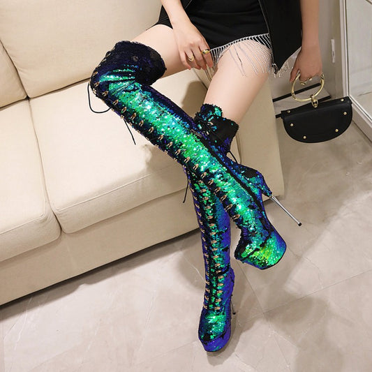 Super High Heels Stiletto Over-the-knee Boots Sequined Prism Boots