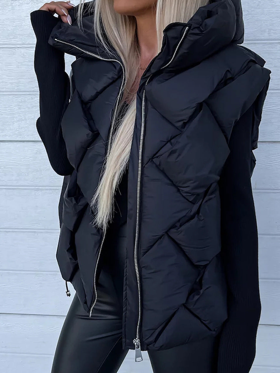 Solid Color Warm Hooded Vest Zipper Coat