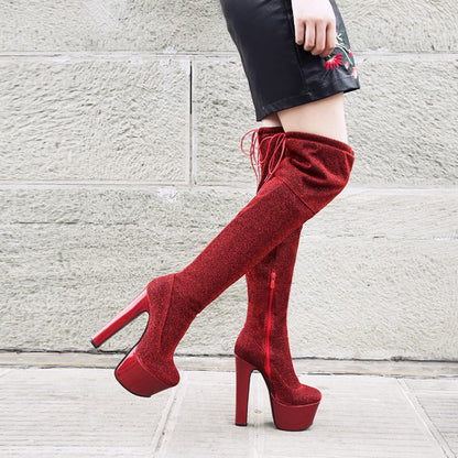 Women Thigh High Sequined Cloth Long Boots