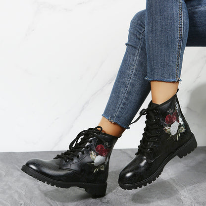Shoes Rose Flower Print Lace-up Ankle Boots Women