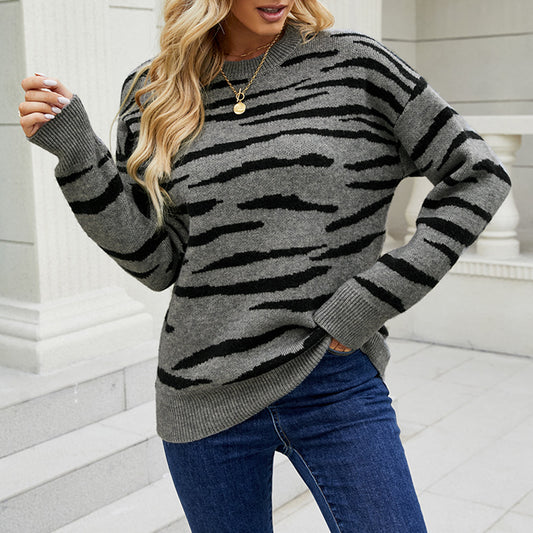 Striped Sweater Pullover Tiger Pattern Sweater For Women