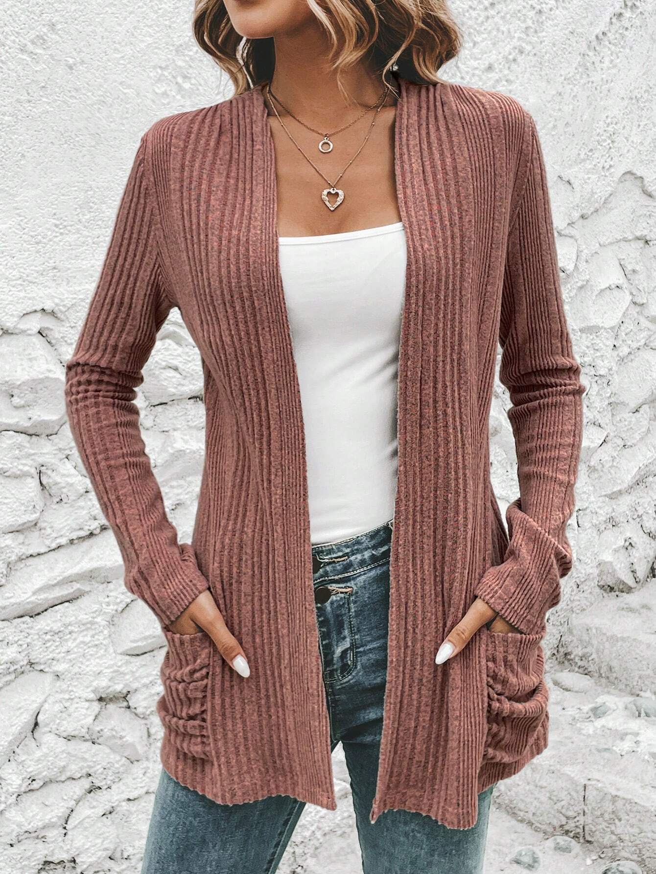 Long Sleeve Solid Color Mid-length Women Knitted Cardigan Sweater