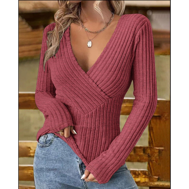 Intellectual Style Pullover V-neck Slim-fit Long-sleeved Sweater