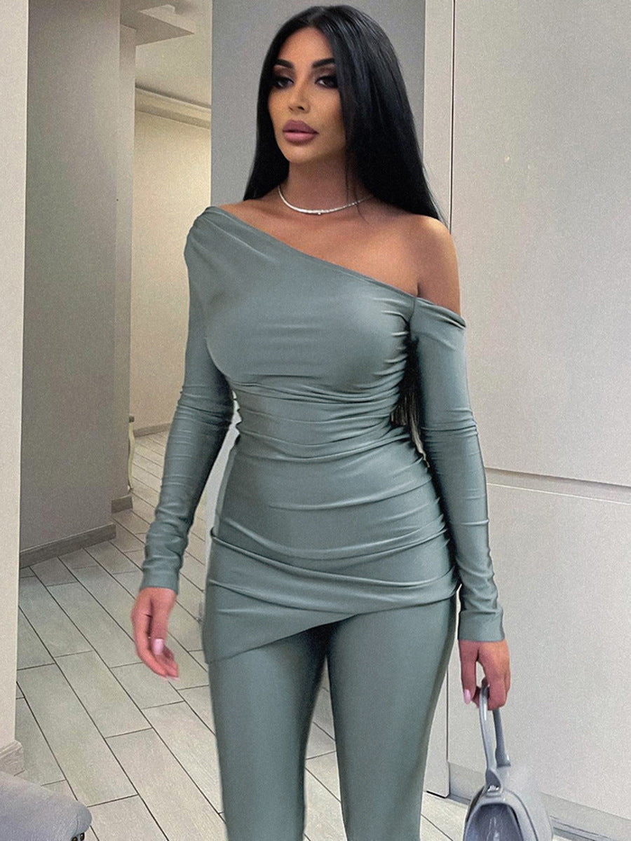Solid Color One-shoulder Long Sleeve Tight Top Casual Trousers Suit