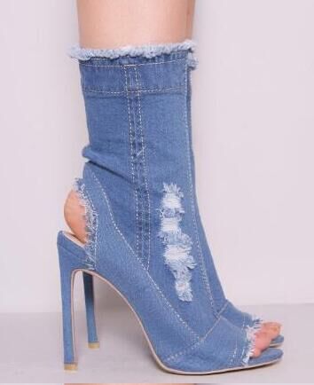 Denim Runway Peep Toe Ankle Boots