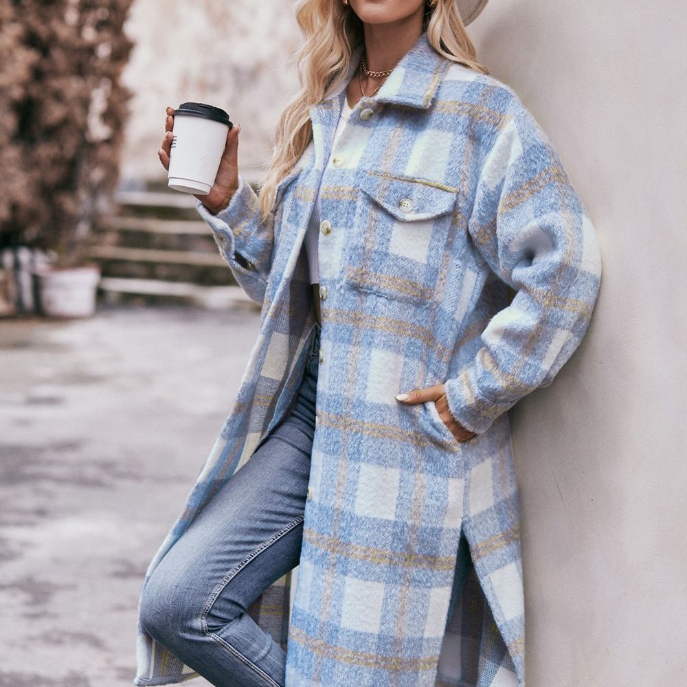 Printed Mid-length Coat Mohair Plaid Wool Coat