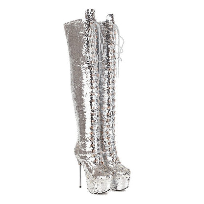 Super High Heels Stiletto Over-the-knee Boots Sequined Prism Boots